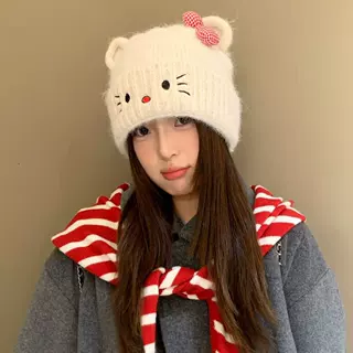 可爱猫咪帽子女秋冬保暖针织帽2026新款显脸小百搭防寒护耳毛线帽