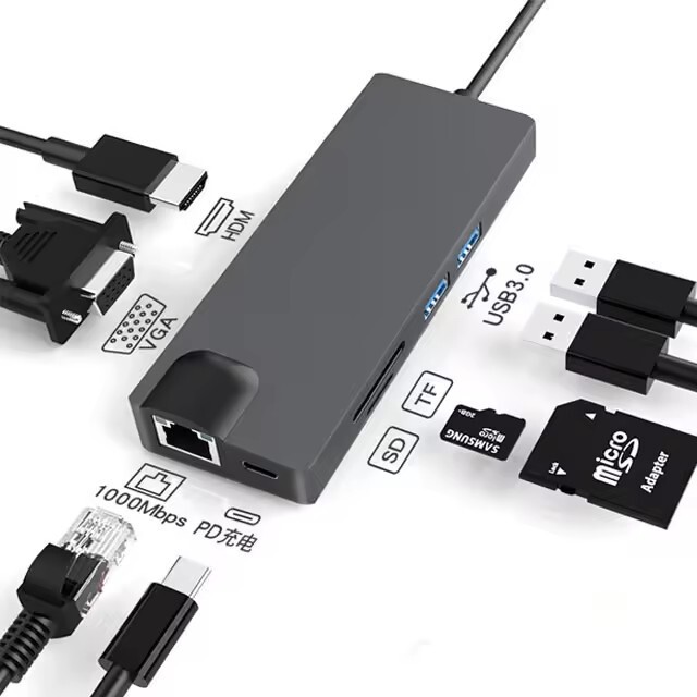 Multi-function USB power adapter 8 in 1 Type-C PD VGA HDMl LAN-1000MB USB 3