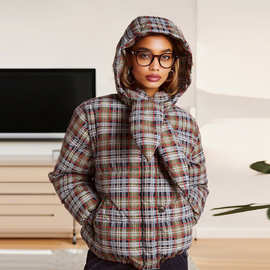 速卖通跨境爆款2025秋冬时尚潮流格纹可拆卸帽子袖子短款棉服外套