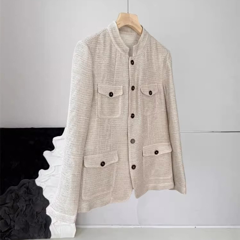 Collection Item! Y Yarn ~ Low-Key Luxury! ~ Jin Imported Linen Silver Thread Pocket Hollow Suit Short Jacket 2025 Autumn