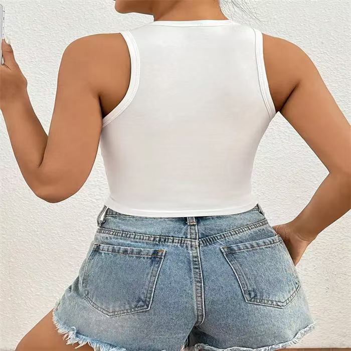 European American Style Cropped Printed Vest Sleeveless round Neck Tank Top for Women New Summer Hot Girl Look Blended Material_ecoleips.com