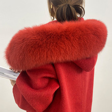 双面呢羊毛大衣大红色时尚修身高端优雅大气长款大毛毛领驼绒外套