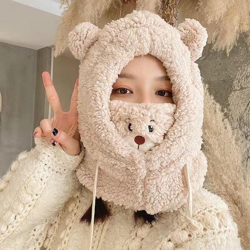 冬季毛绒帽子女可爱百搭围巾帽子一体加绒加厚保暖护耳帽骑车防寒|undefined