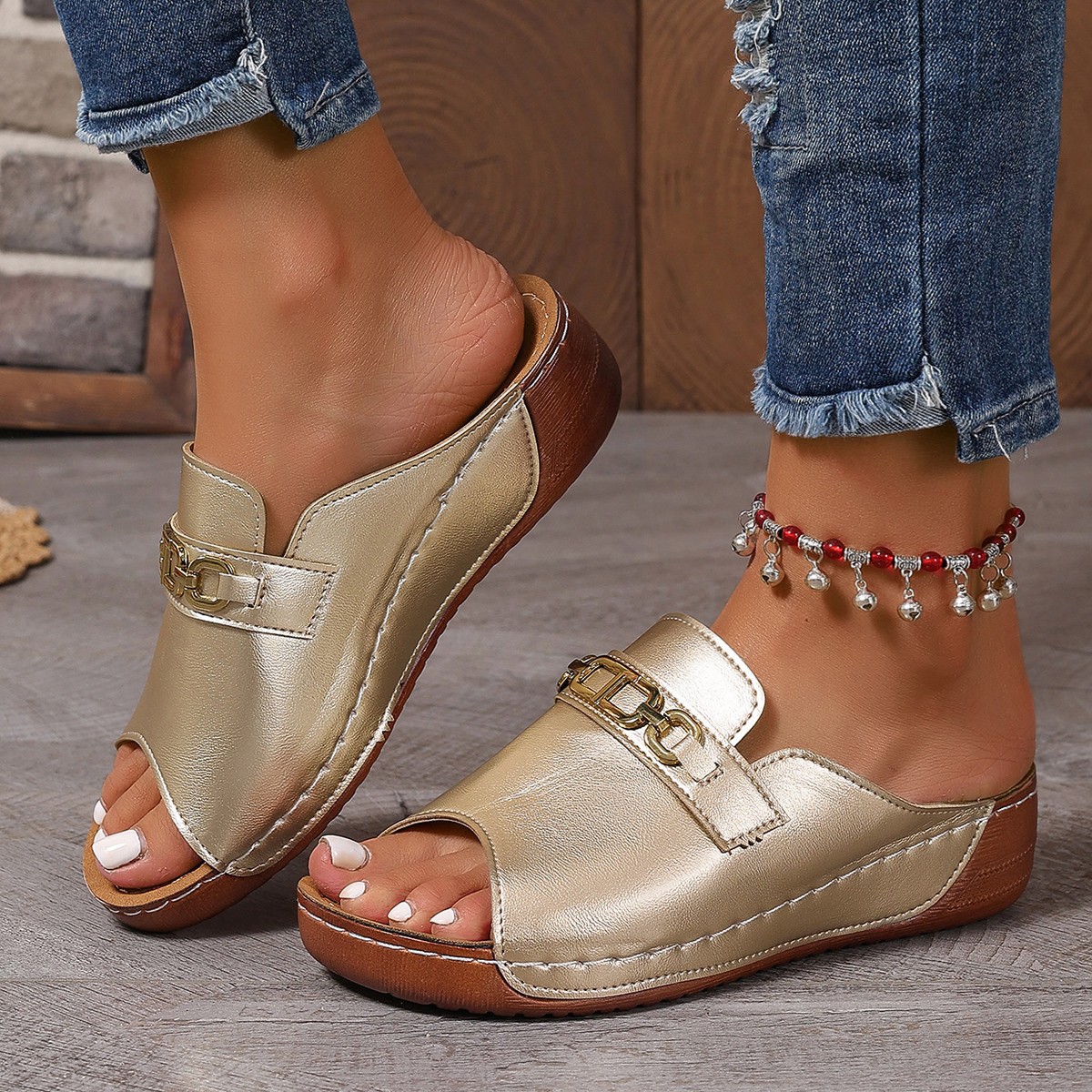 Summer New Arrival Chain Plus Size Platform Sandals Women's Open Toe Wedge Heel Beach Slip On Flip Flops Size 43_voghion.com
