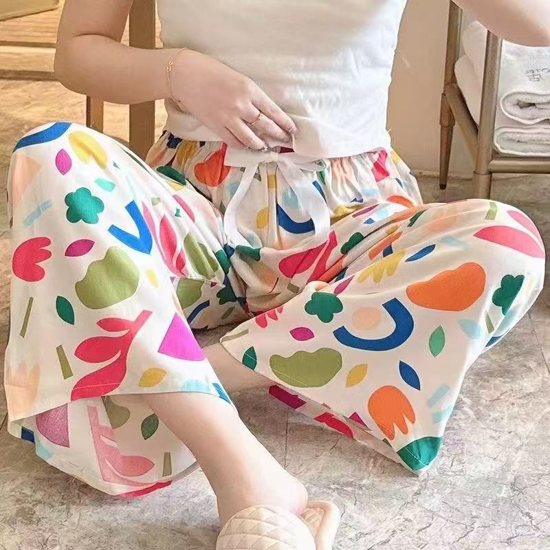 Pijama de seda de algodón para mujer, pantalones anchos de mujer embarazada de seda de algodón con estampado fino de verano