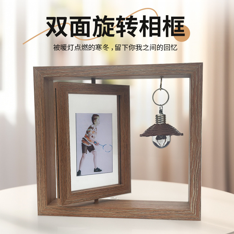 Creative Luminous Rotating Double-Sided Wooden Photo Frame Table 6 6inch Couple Photo Decoration DIY Empty Frame Ornaments Wholesale