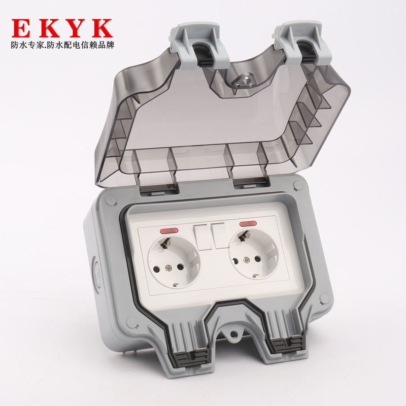 跨境专供 IP66户外两开德式带灯16A充电桩浴室欧标防水开关插座盒