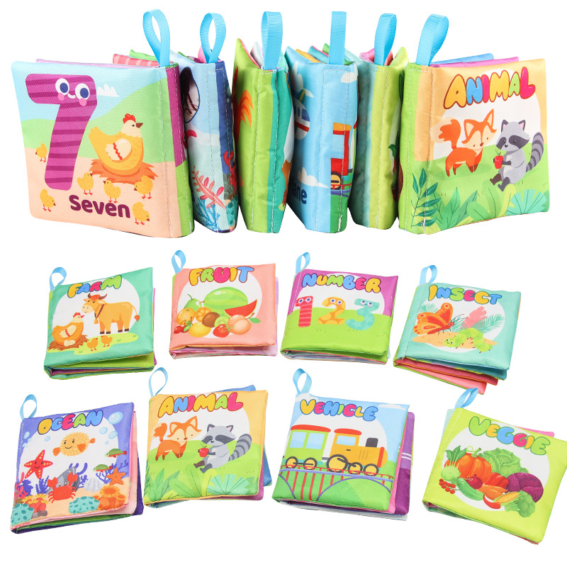 Libro de tela tridimensional transfronterizo para bebés Juguetes de educación temprana 4 lados 8 páginas Libro de palma en inglés Libro de tela para bebés cognición de frutas y animales image 3