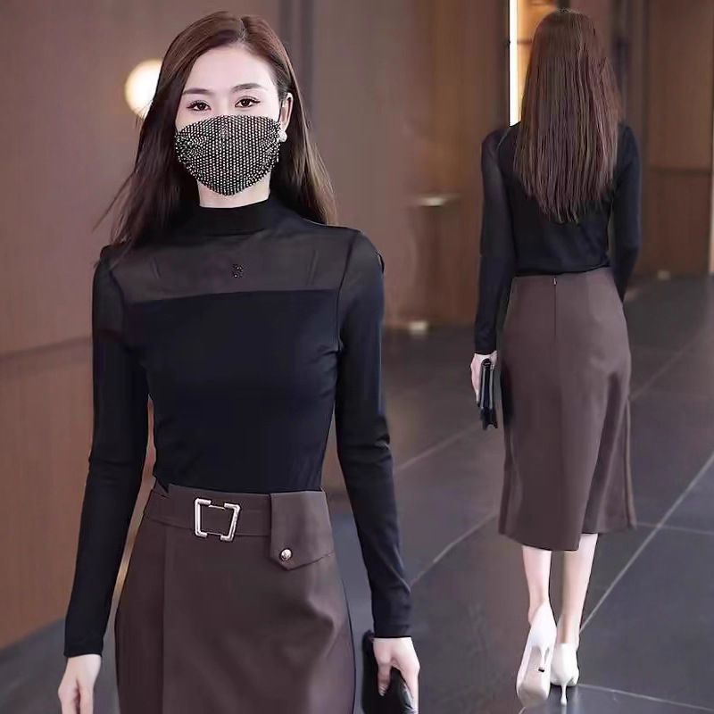 半高领拼接蕾丝金丝绒打底衫女春秋内搭长袖气质内搭秋新款修身上|undefined