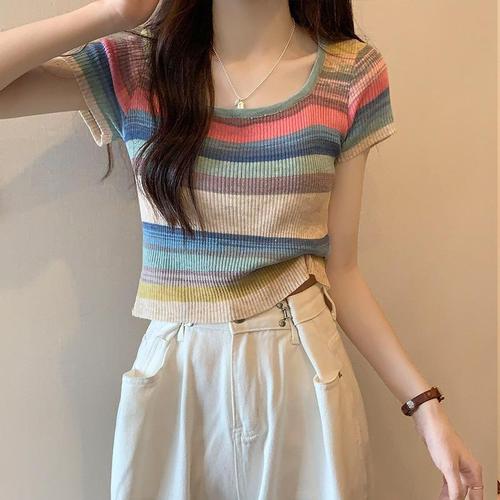 2023 New Rainbow Stripe Square Neck Short Sleeve T-Shirt Women's Summer New Right Shoulder Knitwear Sweet Spicy Short Top