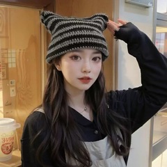 针织帽子女秋冬季日系可爱猫耳朵条纹保暖毛线帽情侣百搭套头帽潮