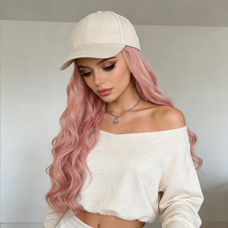 Baseball Cap With Integrated Long Wavy Wig For Women Beige_voghion.com
