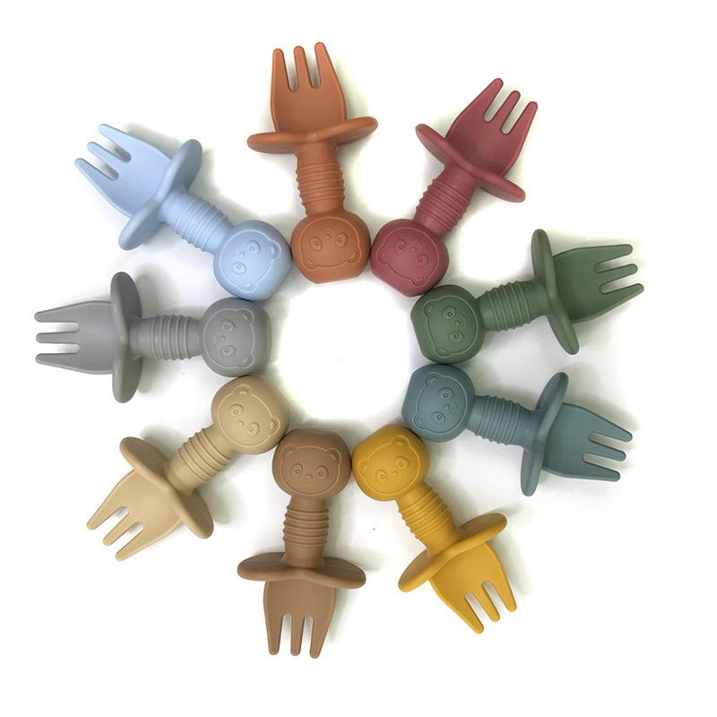 Dibujos animados Oso de silicona para niños tenedor cuchara bebé comiendo entrenamiento tenedor cuchara silicona lamiendo cuchara bebé cuchara de silicona