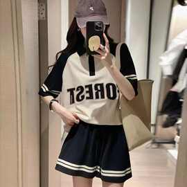 时尚休闲夏季运动套装女夏短袖短裤显瘦宽松韩版学生两件套撞色