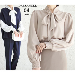 2024 Japanese and Korean Style New Style Bow Chiffon Shirt V-neck Lace-up Elegant Top Puff Sleeve Long Sleeve Shirt Women's Clothing
