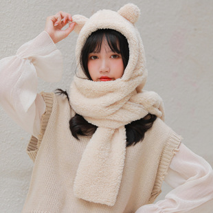Autumn and Winter 2023 Korean Hat Scarf Bear One Soft Girl Cute Ear Protection Hat Scarf Set Winter Warm