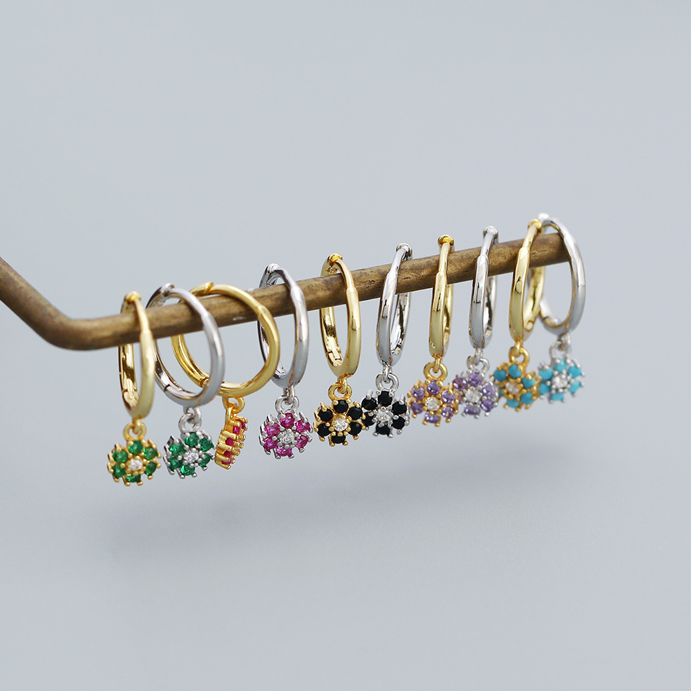 925 Sterling Silver Ear Needle Material 18K Real Gold Plated Plating Material Fashion Flower Sterling Silver Inlay Turquoise Zircon Drop Earrings 1 Pair