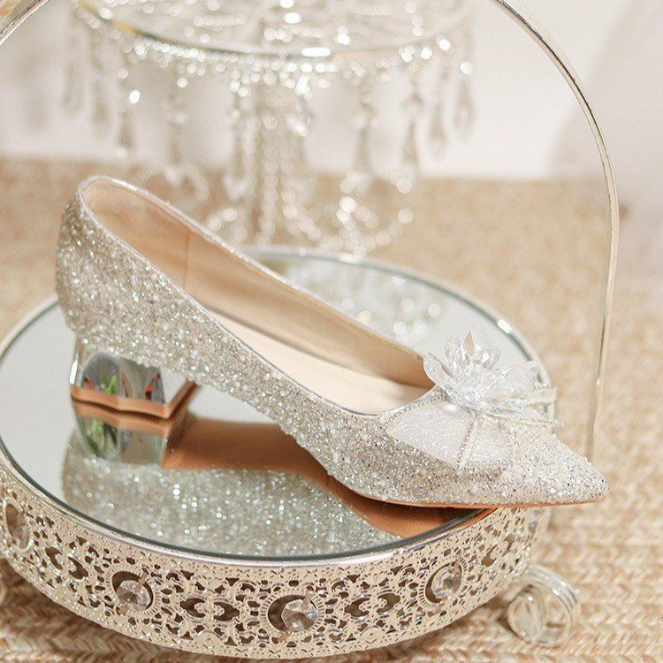 Thick-Heeled High-Heeled Shoes, Wedding Shoes, Bridal Shoes, Wedding Dress, Wedding Flats, Crystal Shoes, Medium-Heeled Shoes for Pregnant Women, Comfortable and Not Tiring for Feet