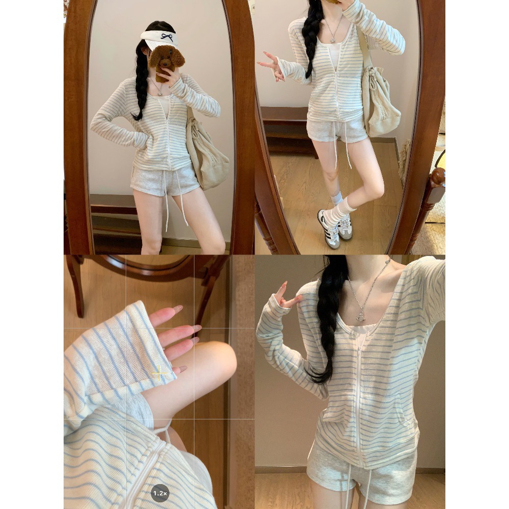 #慵懒风条纹拉链长袖连帽开衫外套女韩系早秋穿搭上衣潮流
