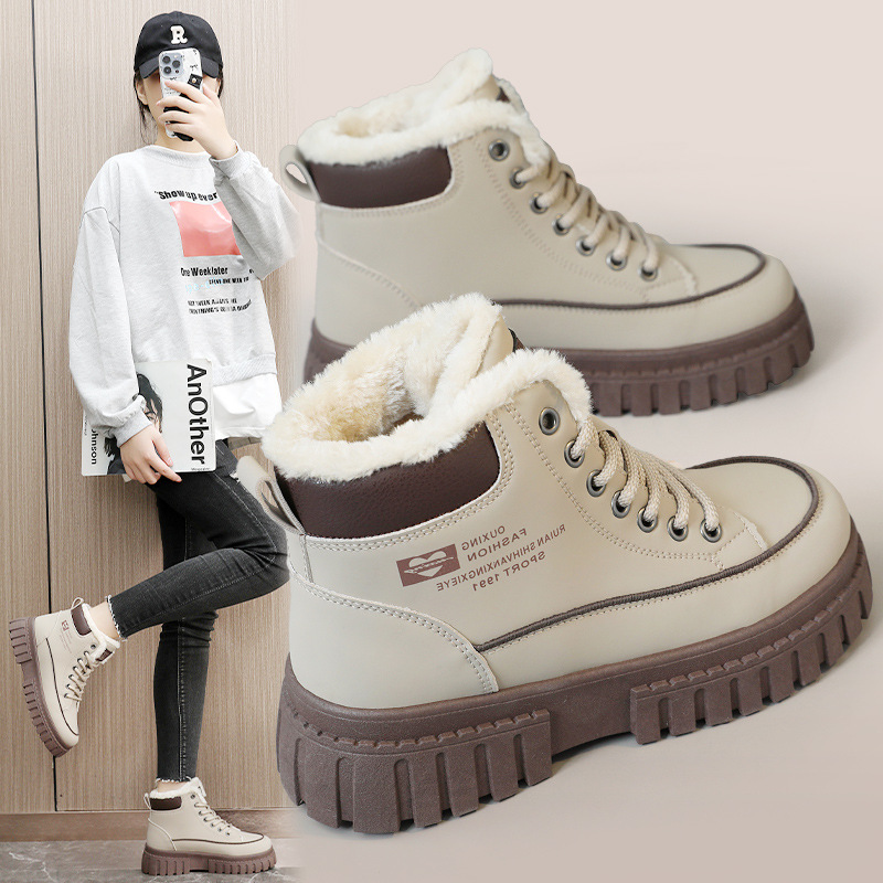 Q505 Neue Herbst-Winter-Sneaker für Damen, High-Top, lockere Passform, dicke Sohle, höhenverstärkendes Material, Baumwollfutter, Fleece, schlichtes Design, ideal für Studenten._voghion.com