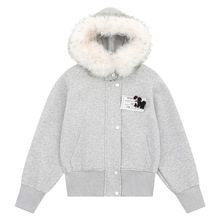 衣品男装原创韩系毛毛绒领连帽加厚拉链休闲夹克女小众显瘦灰色衫