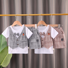 Summer Fashion Set for Little Boys - Stylish Summer New Checkered Pajama Set with Bow Tie - Short Sleeve Two-Piece Set
