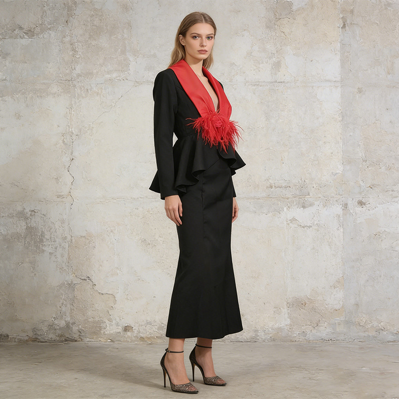 European and American Style Heavy-Duty Color-Blocking Suit for Women, New Spring Collection, V-Neck Feather-Decorated Floral Blazer Paired with a Skirt