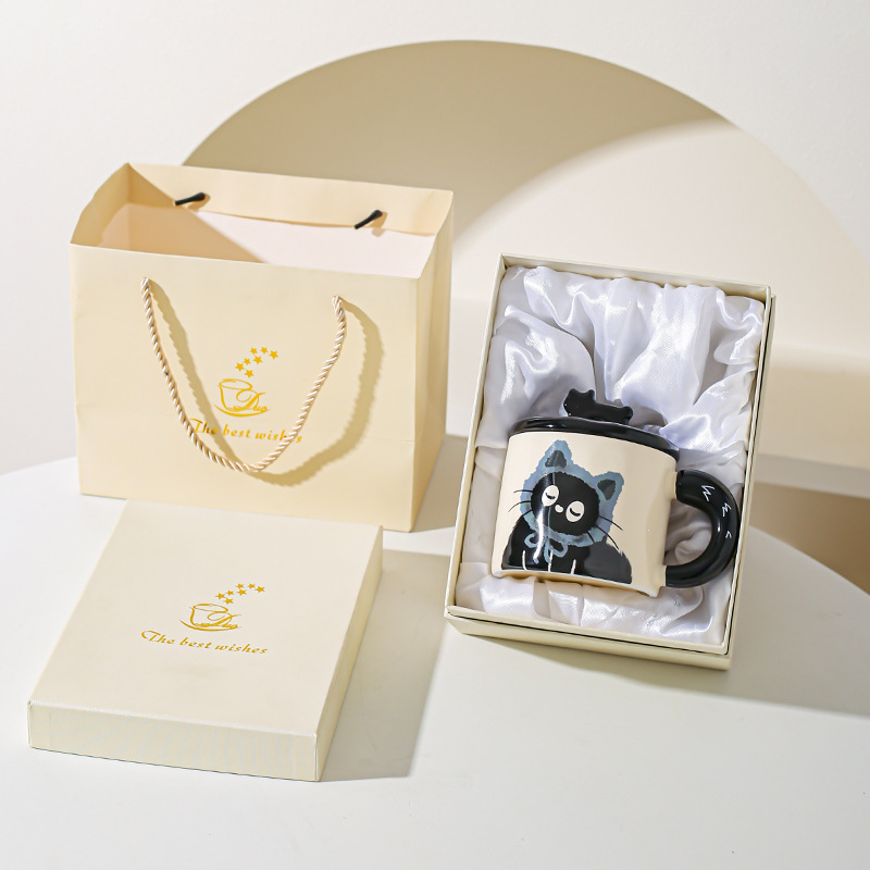 Cute gato gato taza de oficina taza de cerámica con taza de agua cubierta regalo pareja acompañante caja de regalo creativa de cumpleaños