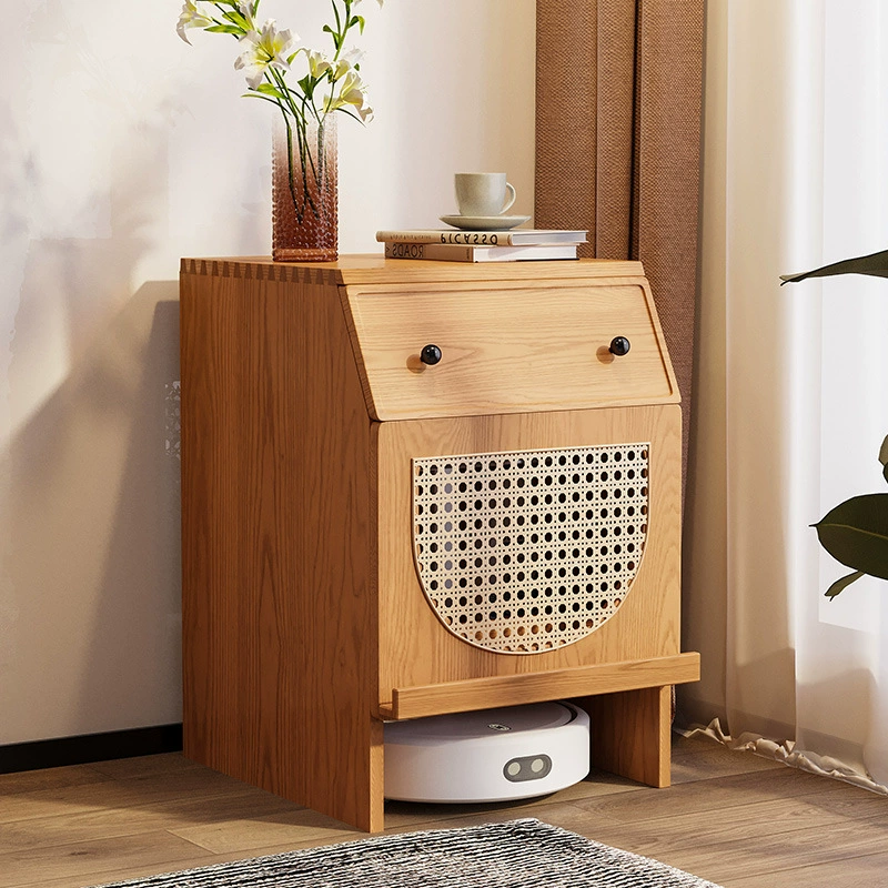 Подметальный робот из цельного дерева Шкаф для хранения Подметальный боковой шкаф для хранения Ротанг Changhong Стеклянная прикроватная тумбочка Черный орех