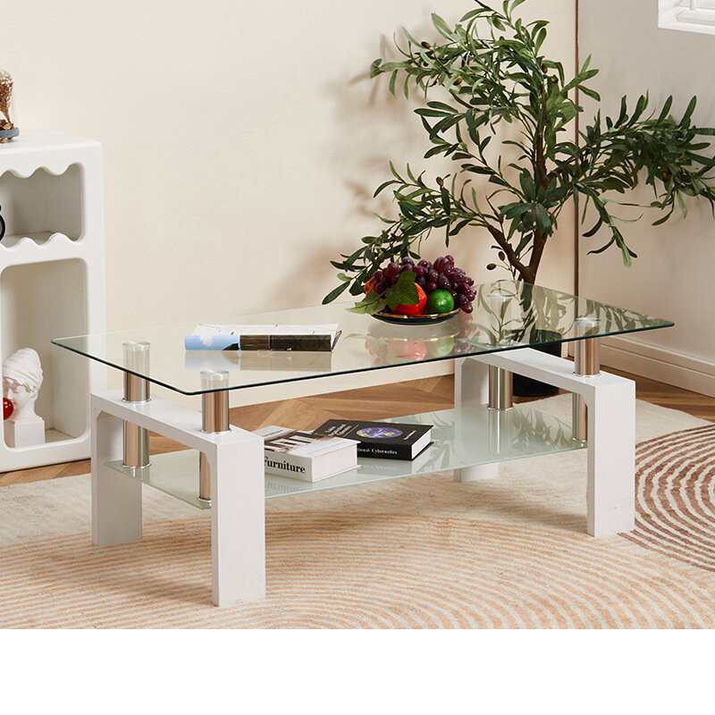 Mesa de café, mesa de té de vidrio templado, sala de estar, mesa de té rectangular doméstica, mesa de té de doble capa de lujo, mesa de té de oficina