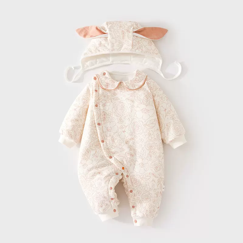 婴儿连体衣120克加棉宝宝夹棉秋冬外出哈衣薄棉加厚连帽爬服儿童