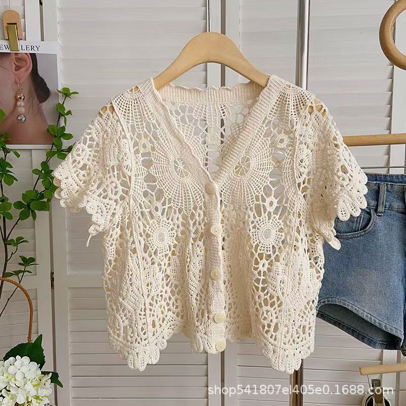 Trendy Crochet V-Neck Knitted Cardigan for Women, New Summer Korean Fashion Versatile Short Sleeve Top