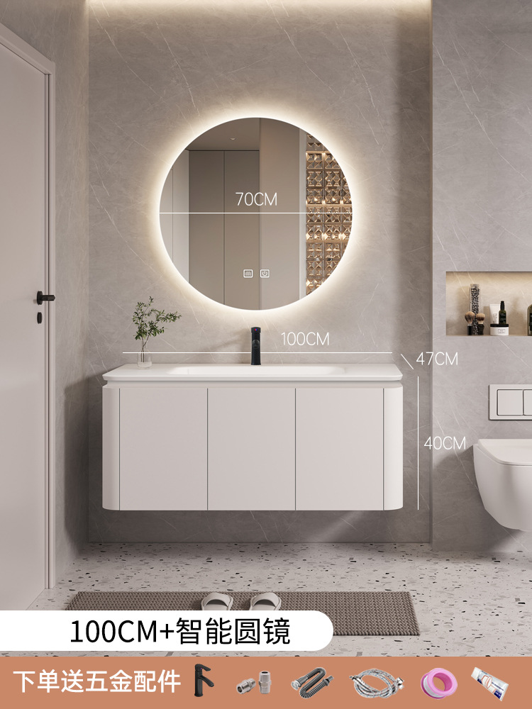 100cm lavabo de cerámica gabinete + inteligente espejo redondo luz función desempañamiento