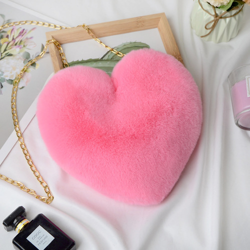  New Heart-Shaped Bag, Rabbit Fur Style Cute Fashion Heart Bag, Ladies Handbag Heart Plush Bag for Women