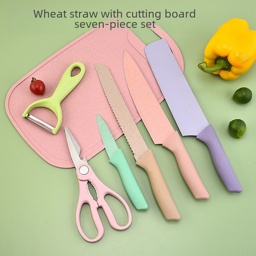 Wheat Straw Vegetable Board Wheat Straw 7-Piece Set Macaron Fresh Style Stainless Steel Kitchen Knife Set