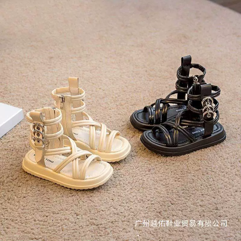 Детские сандалии для девочек 2025, новые летние римские босоножки, высокие, с мягкой подошвой, для детей среднего и старшего возраста, туфельки для маленьких принцесс