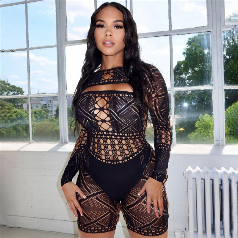 European and American style 2024 summer women's new sexy hollow lace perspective high waist tight knitted one-piece shorts for women