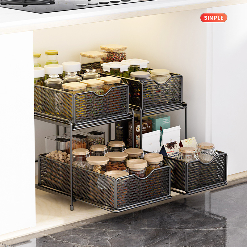 Household Kitchen Cabinet Pull-Out Storage Rack Sliding Drawer Bathroom Storage Rack Multi-Functional Under-Sink Storage Rack