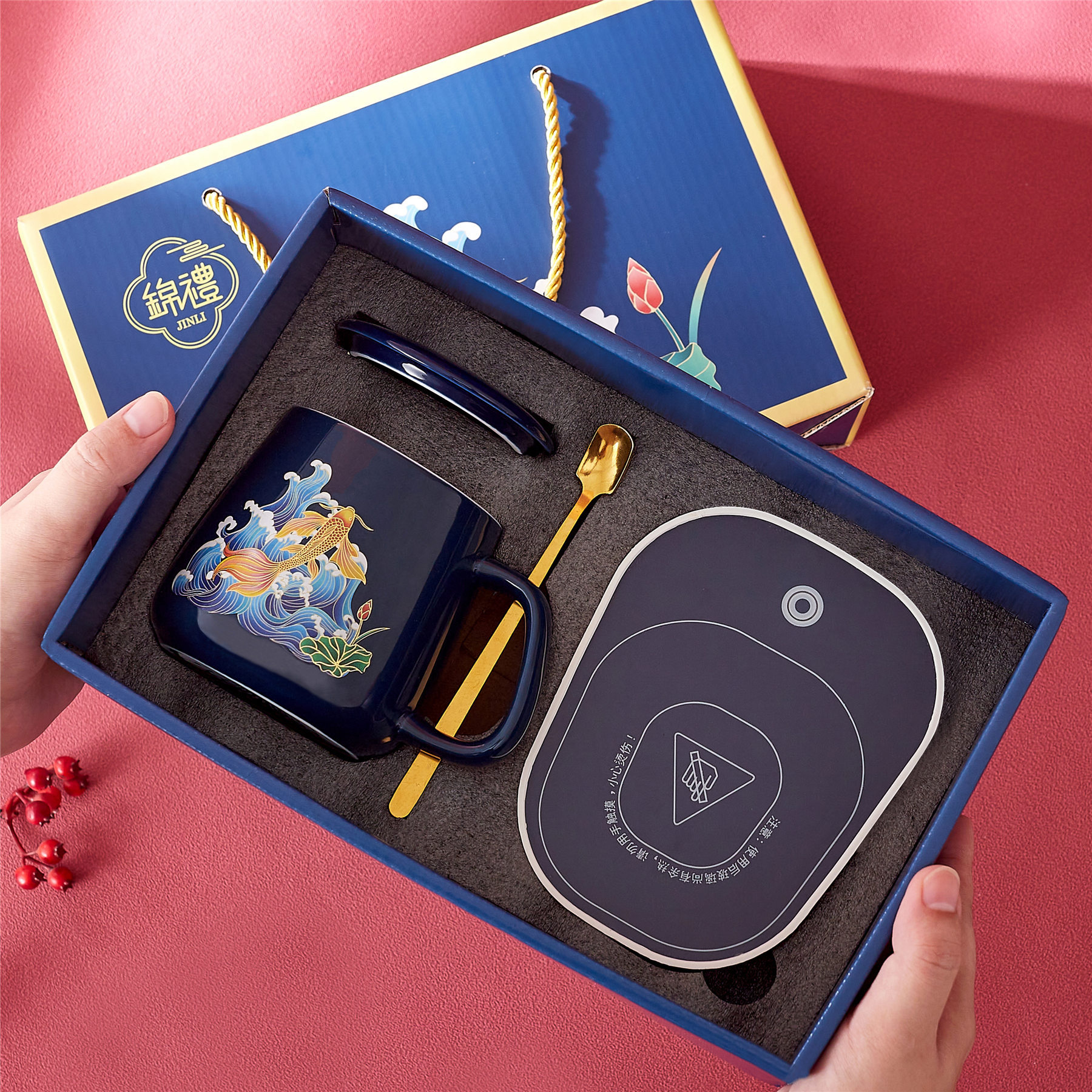 Coffee cup national trend Koi 55 degree thermostatic cup set warm cup souvenir gift ceramic mug gift box batch