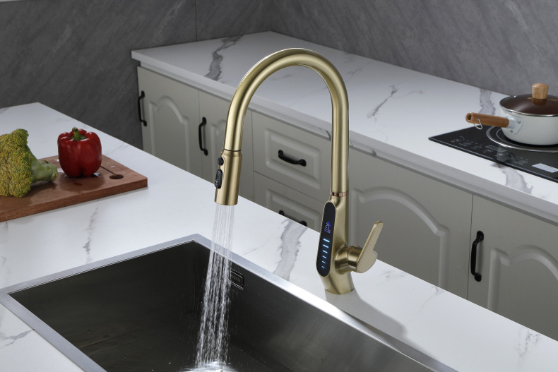 Konishi hydroelectric power digital display kitchen faucet pull-out sink faucet with brushed gold color undefined
