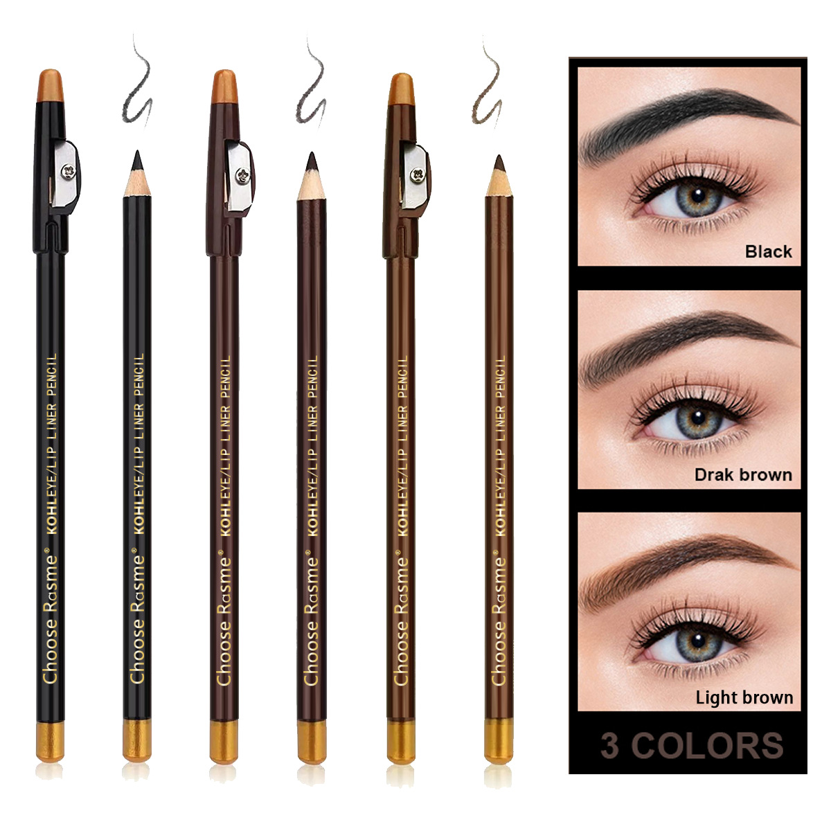 hot selling three color eyebrow pencil with pencil sharpener, waterproof, sweat proof, non smudged, wooden rod, hard core, ultra fine eyebrow pencil_voghion.com
