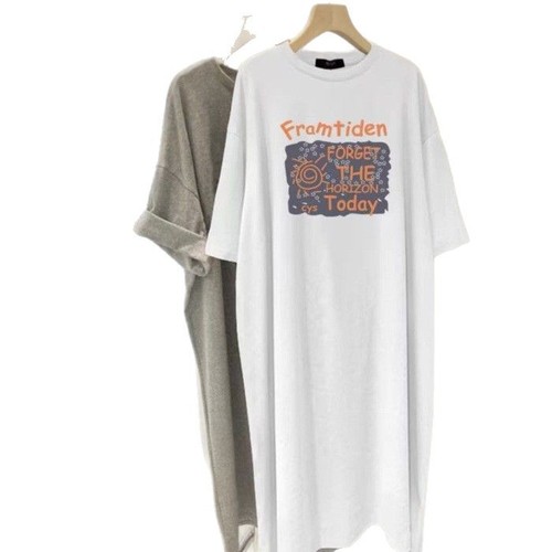 Plus-size women's Korean-style short-sleeved T-shirt dresses, summer tops for larger women, covering the stomach, youthful and slimming, knee-length dresses