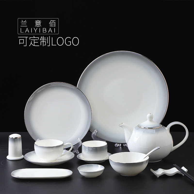 宫廷复古风铂金骨瓷米饭碗茶杯整套酒店餐厅私人会所包厢摆台餐具