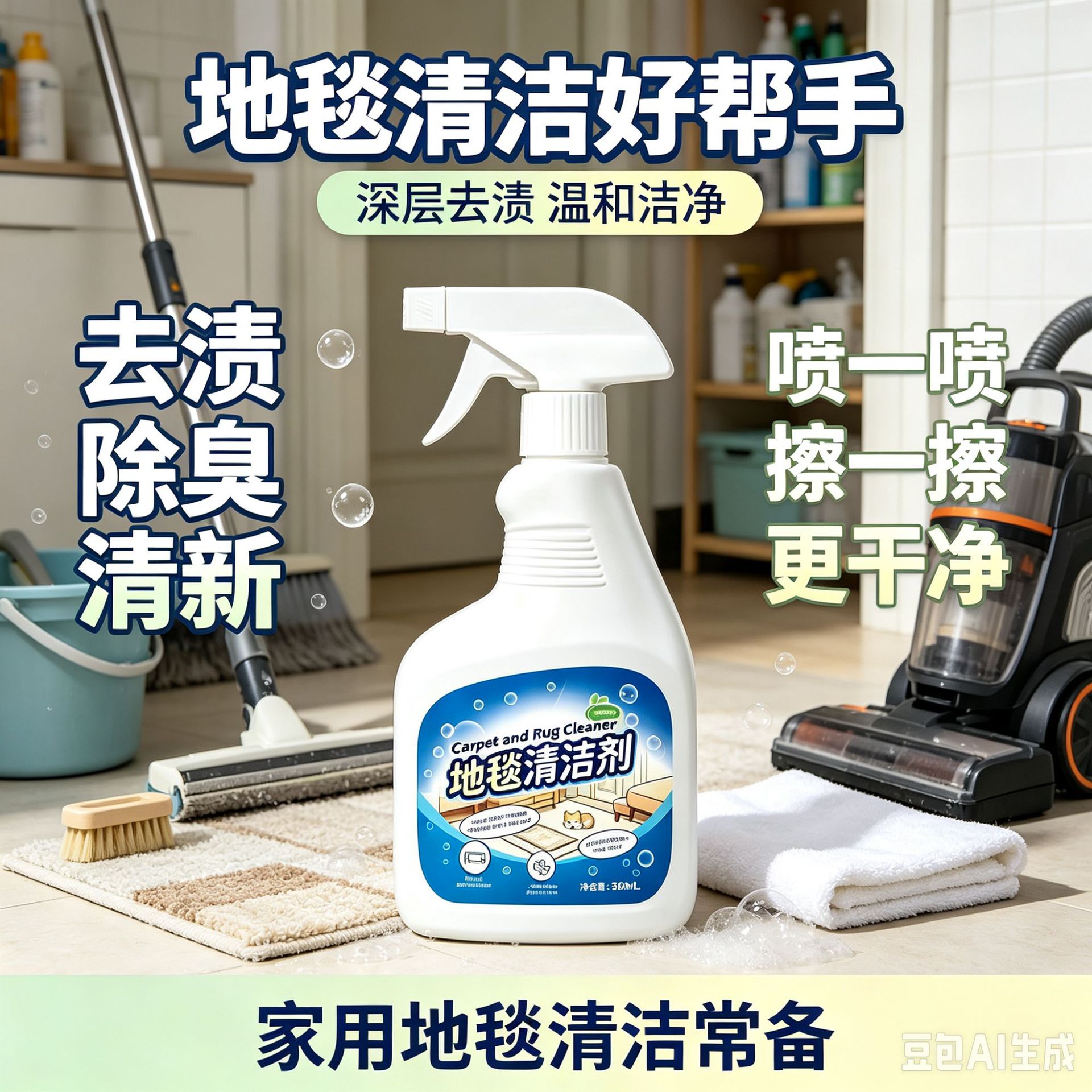 Carpet cleaner, no-rinse, powerful stain remover for home use, ideal for cleaning fabric sofas and carpets, effectively removes urine stains