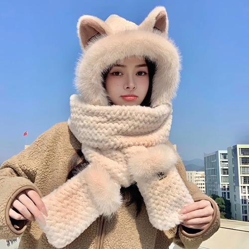 Headband, scarf, and gloves set for winter women, fluffy and warm, one-piece cycling, cute fox ear ear protector