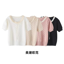 美潮欧范 新款 女装 欧美风时尚潮流高腰蕾丝短袖T恤针织打底衫