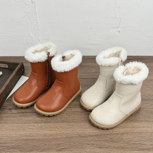 Girls' leather boots 2024 autumn and winter new children's fleece-lined boots simple children's fashion boots baby warm boots