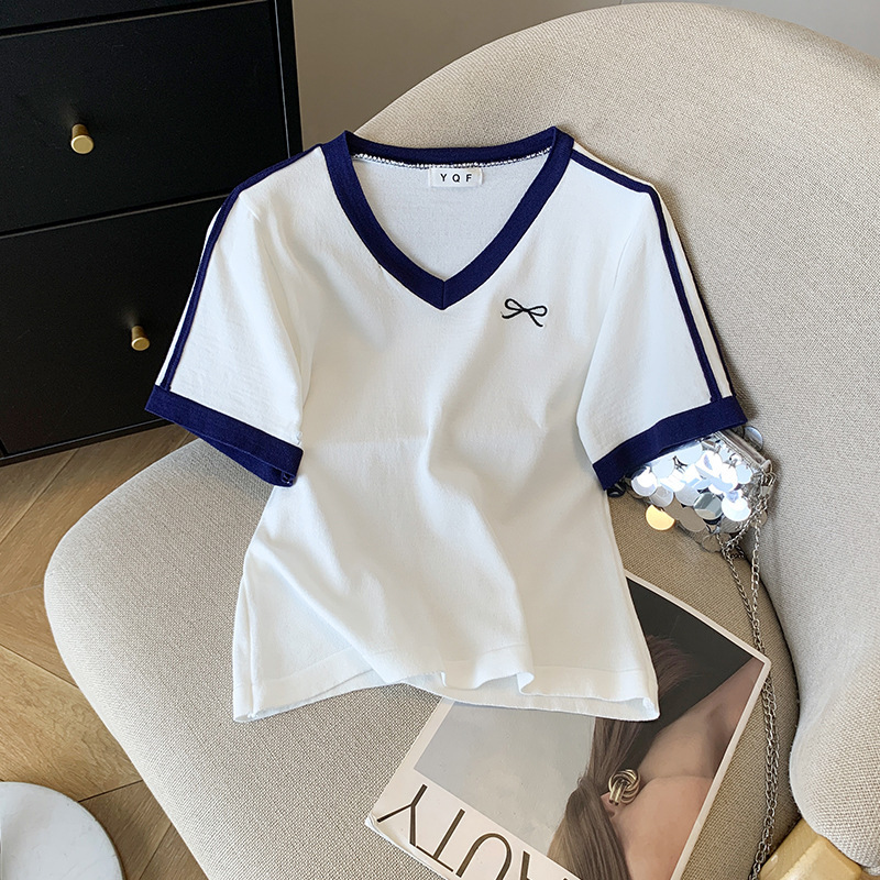 Real Shot of Ready-Made Women's Summer New Design V Neck Contrasting Short-Sleeved T-Shirt Ice Silk Knitwear Top for Women