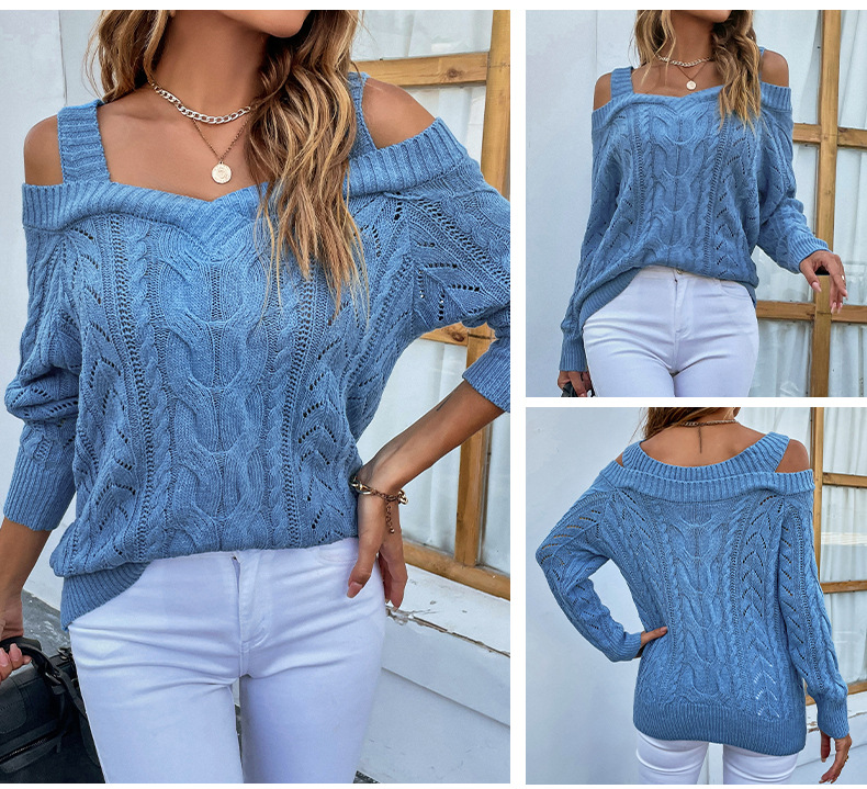 solid color twist off-shoulder long sleeve sling sweater NSMMY138341