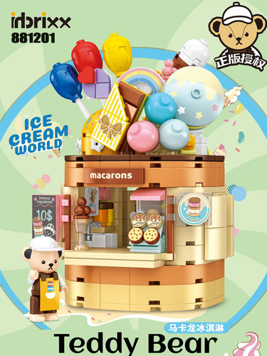 881201-401 Teddy Bear Macaron Strawberry Ice Cream Shop — Autumn Camping Food, Trendy Toys, and Building Blocks